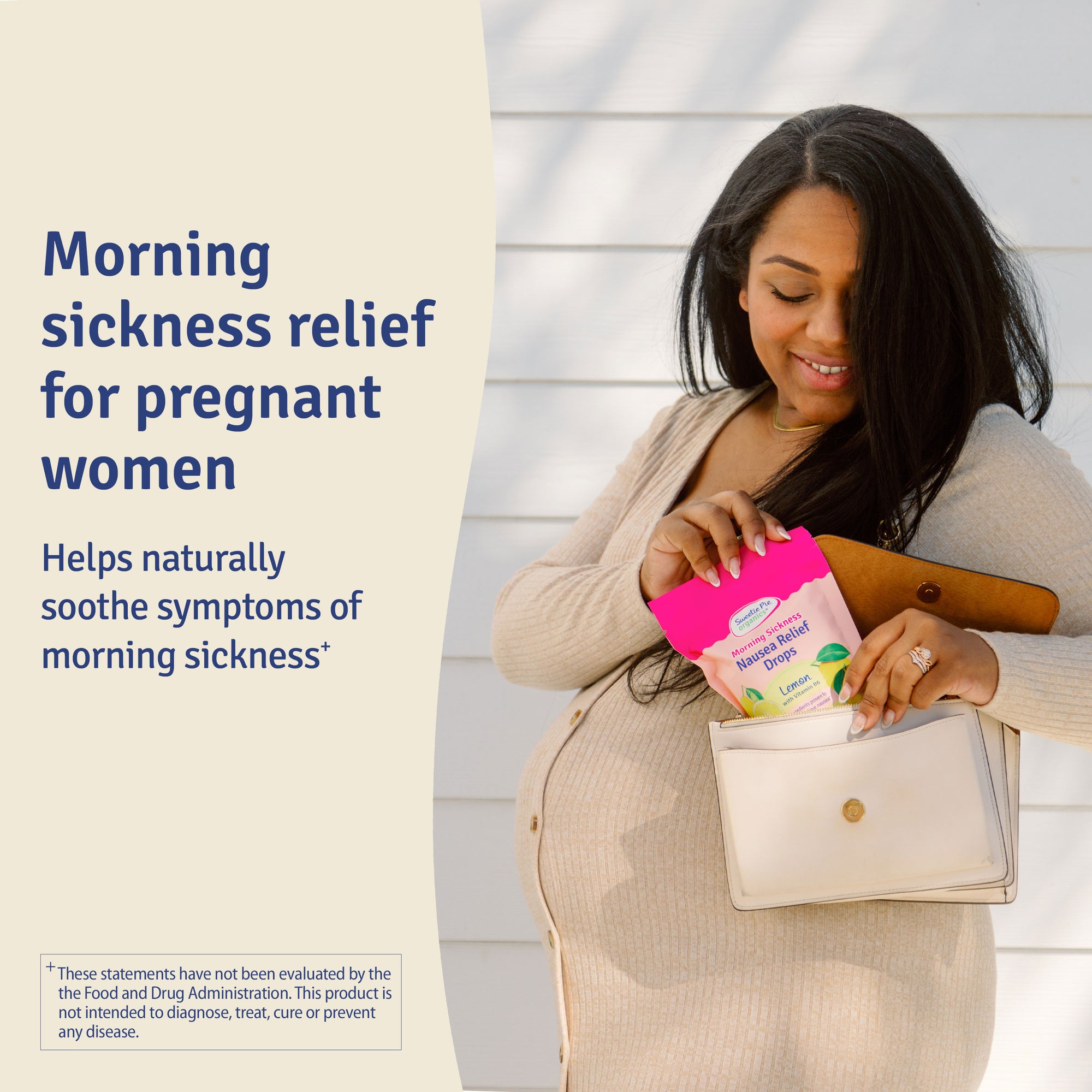 Pregnant mom-to-be holding bag of Sweetie Pie Morning Sickness Nausea Relief Drops