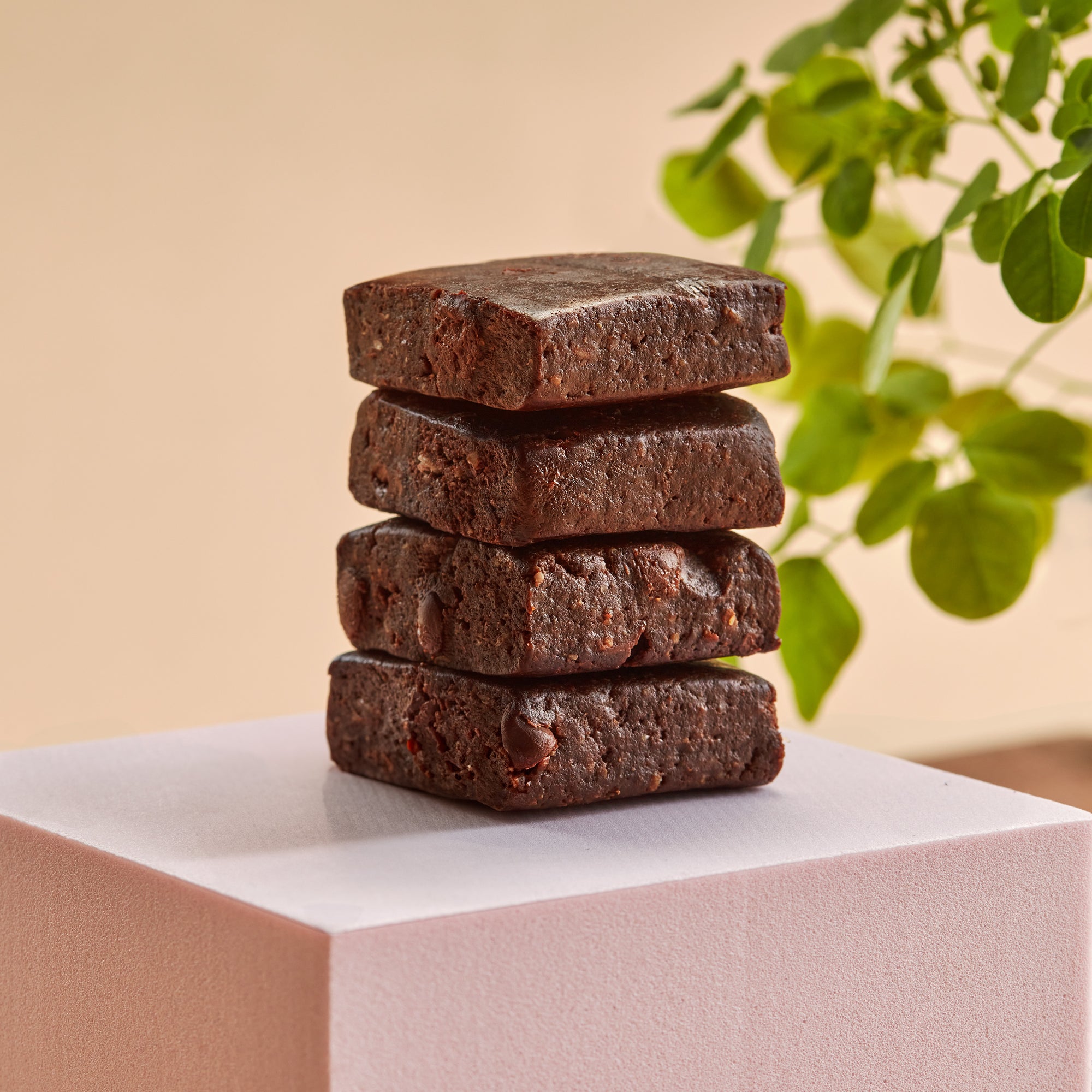 Sweetie Pie Organics Lactation Bar - Chocolate and Sea Salt on a cube with moringa plant in the background