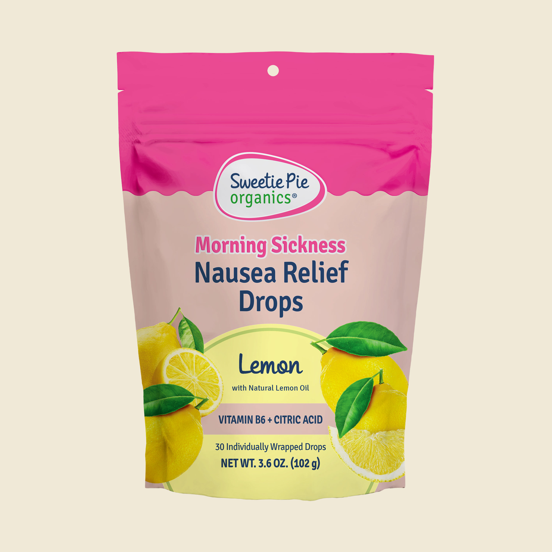Bag of Sweetie Pie's lemon-flavored nausea relief drops
