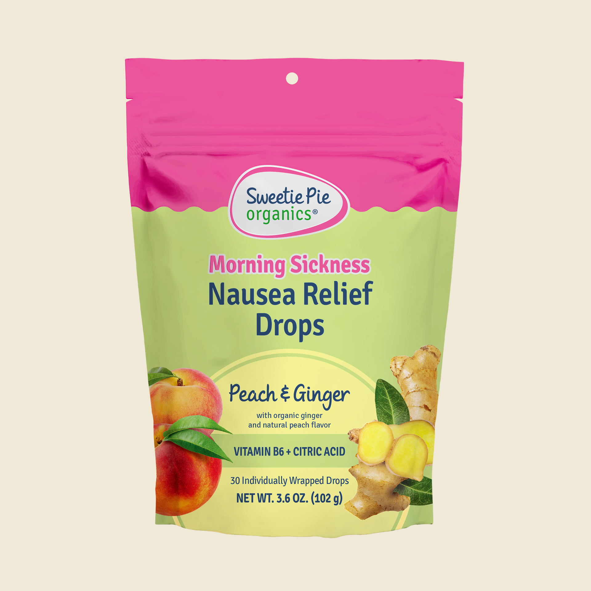 Bag of Sweetie Pie's peach & ginger flavored nausea relief drops