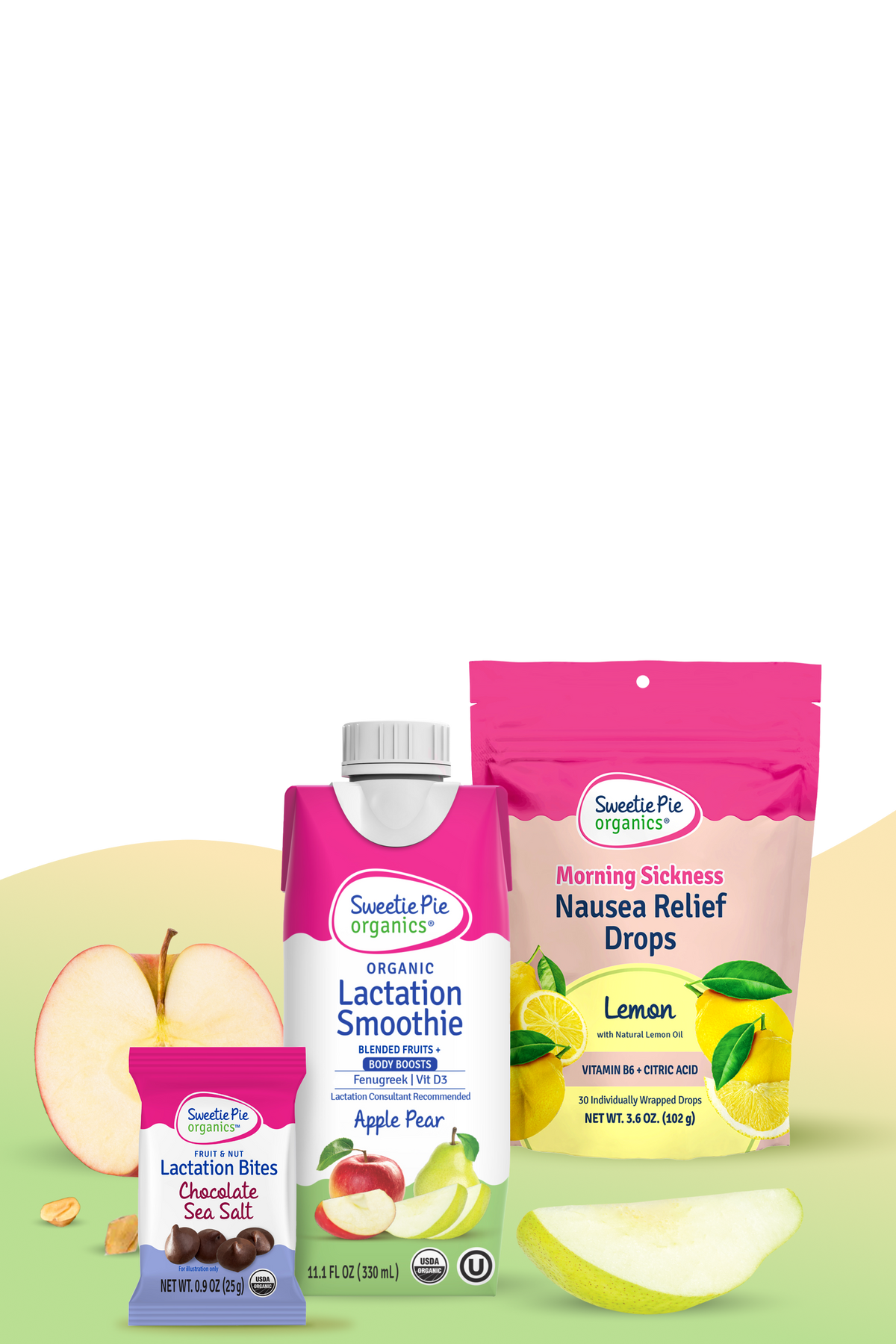 Sweetie Pie Organics home page image with fruit and product images of Lactation Bites, Lactation Smoothie, and Morning Sickness Nausea Relief Drops