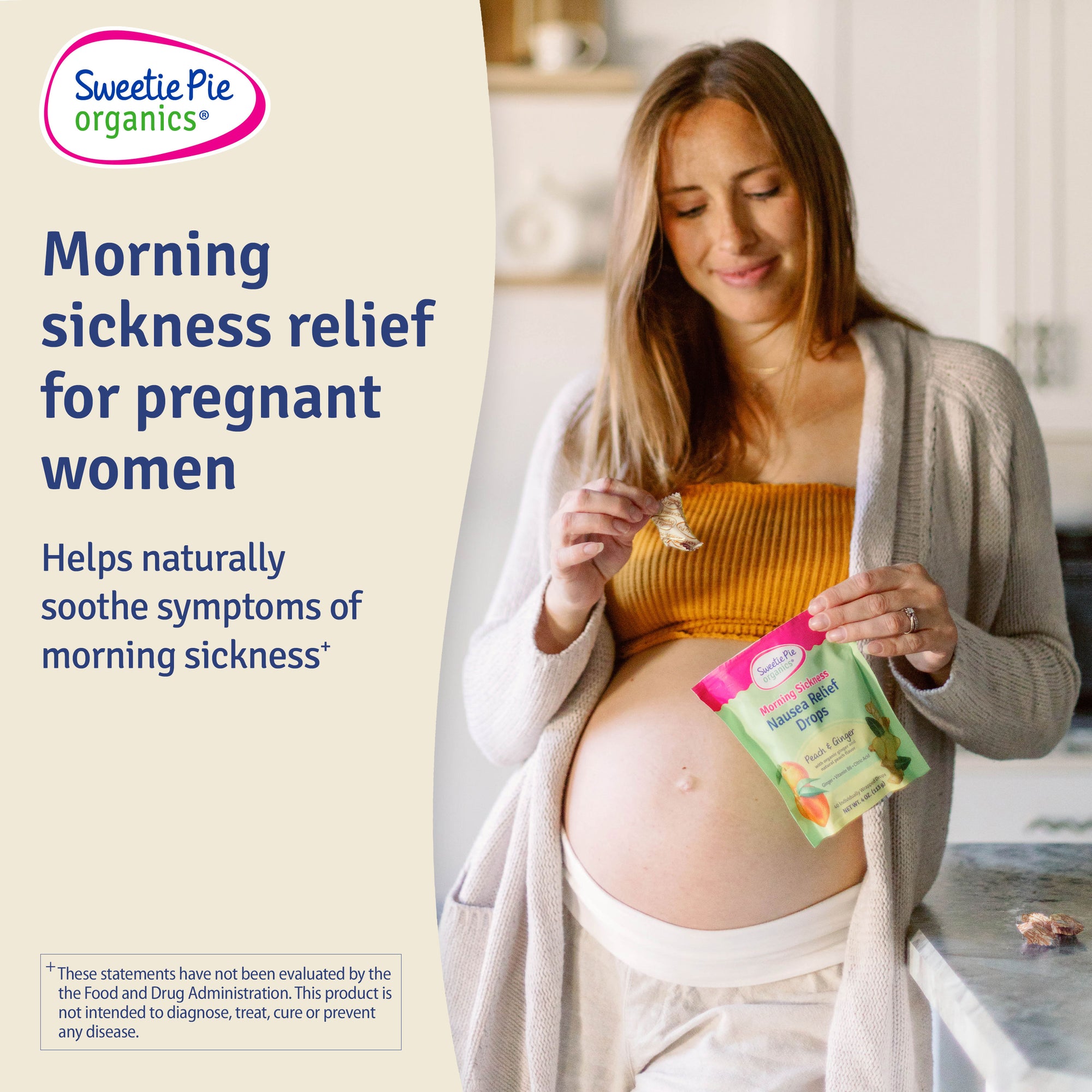 Pregnant mom-to-be holding bag of Sweetie Pie Morning Sickness Nausea Relief Drops