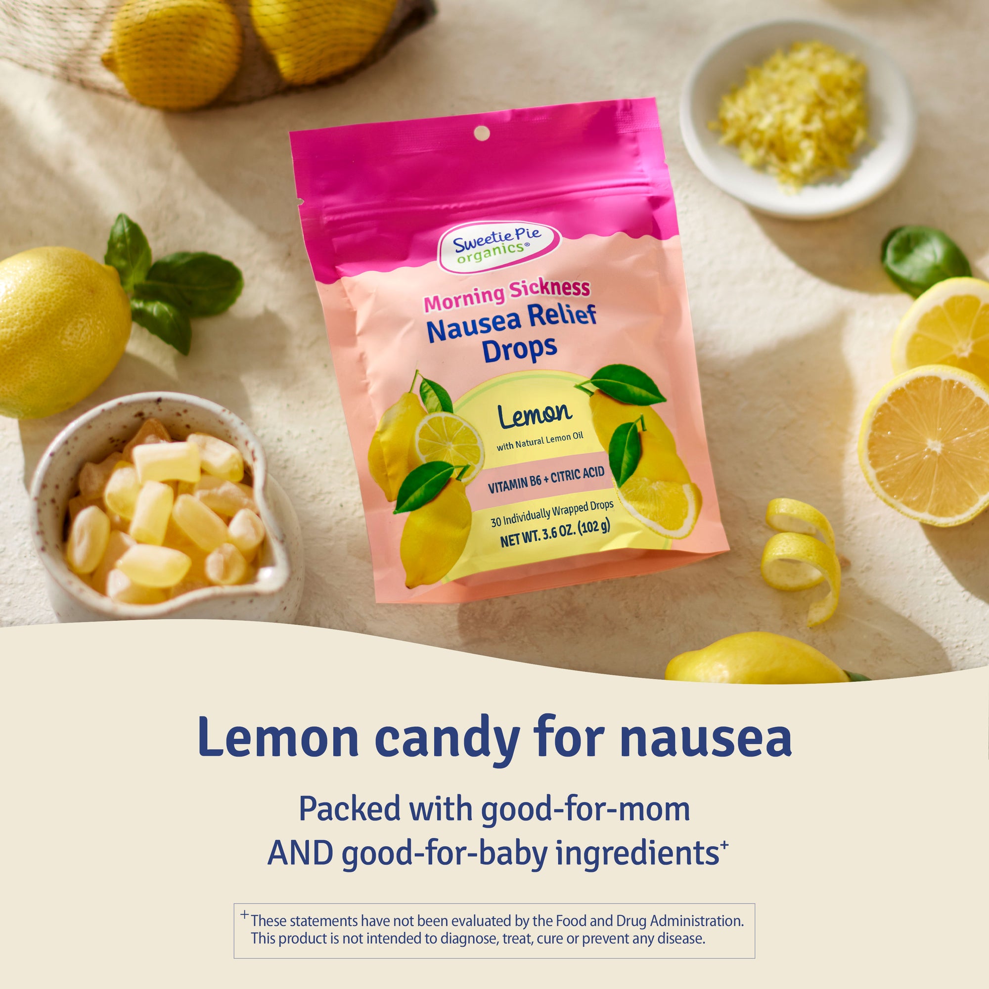 Lemon candy for nausea bag of Sweetie Pie Morning Sickness Nausea Relief Drops