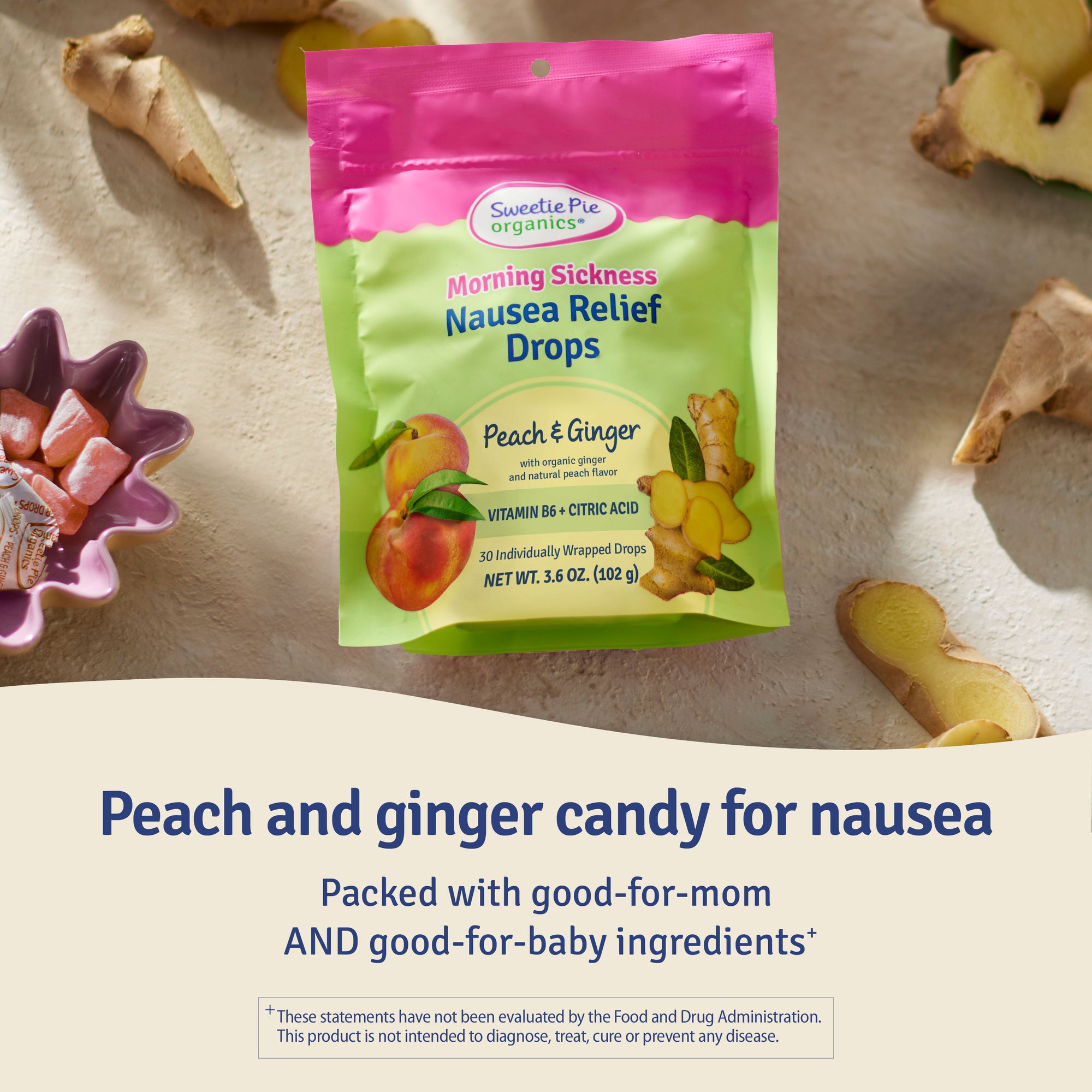 Peach and ginger candy for nausea - Picture of a bag of Sweetie Pie Morning Sickness Nausea Relief Drops